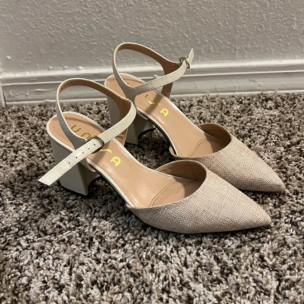 Unisa Beige Pointed Toe Block Heels (7.5)